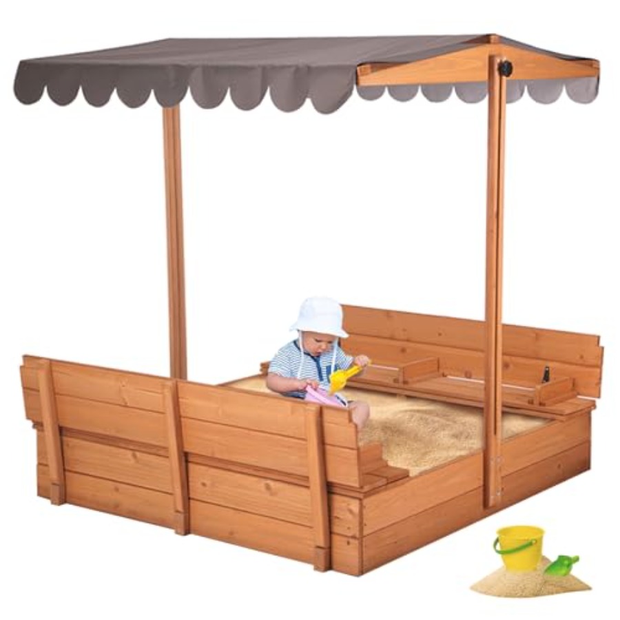 Kids Outdoor Bench - โต๊ะทรายกลางแจ้งสำหรับเด็กอายุ 4-8 ปี: กล่องทรายสีน้ำตาลแบบพับได้พร้อมฝาปิด, หลังคาแบบยืดหดได้ และมีที่นั่งแบบม้านั่งในตัว