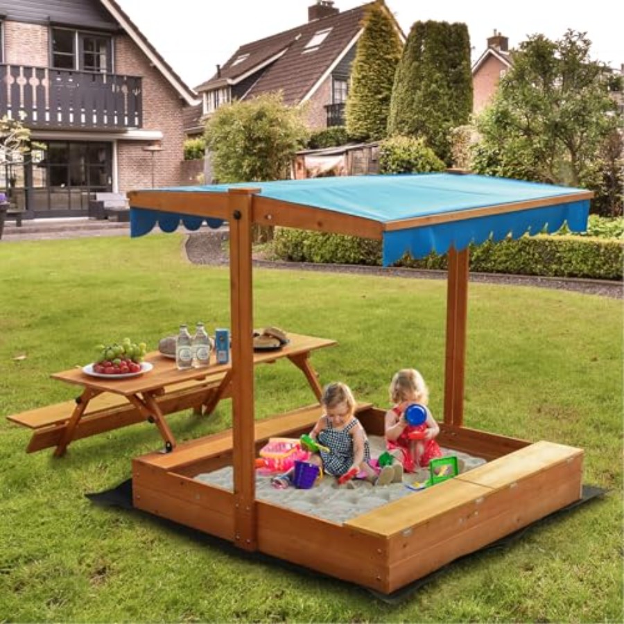 Kids Outdoor Bench - กระบะทรายไม้สำหรับเด็กเล่นกลางแจ้งในสวนหลังบ้าน พร้อมโต๊ะปิกนิกและกล่องเก็บของ สีไม้ธรรมชาติ มีที่นั่งแบบพับได้ ฝาปิด และที่เก็บของ