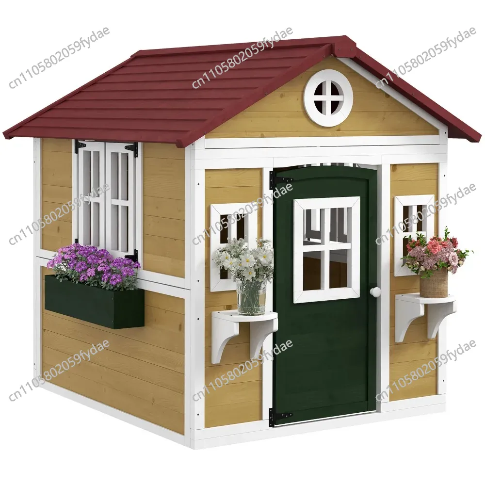 Kids Outdoor Playhouse - บ้านเด็กเล่นกลางแจ้ง, บ้านเด็กเล่นไม้พร้อมประตู, หน้าต่าง, กระถางดอกไม้และกล่อง, บ้านเล่นทรงกระท่อมสำหรับสนามหลังบ้าน