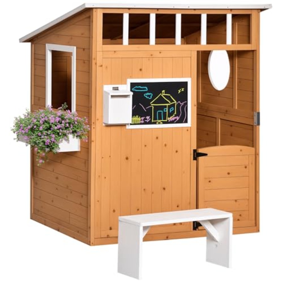 Kids Outdoor Playhouse - บ้านเด็กเล่นไม้กลางแจ้งพร้อมประตูใช้งานได้ สีเหลือง ประกอบด้วยหน้าต่าง ตู้จดหมาย ม้านั่ง และที่วางกระถางต้นไม้