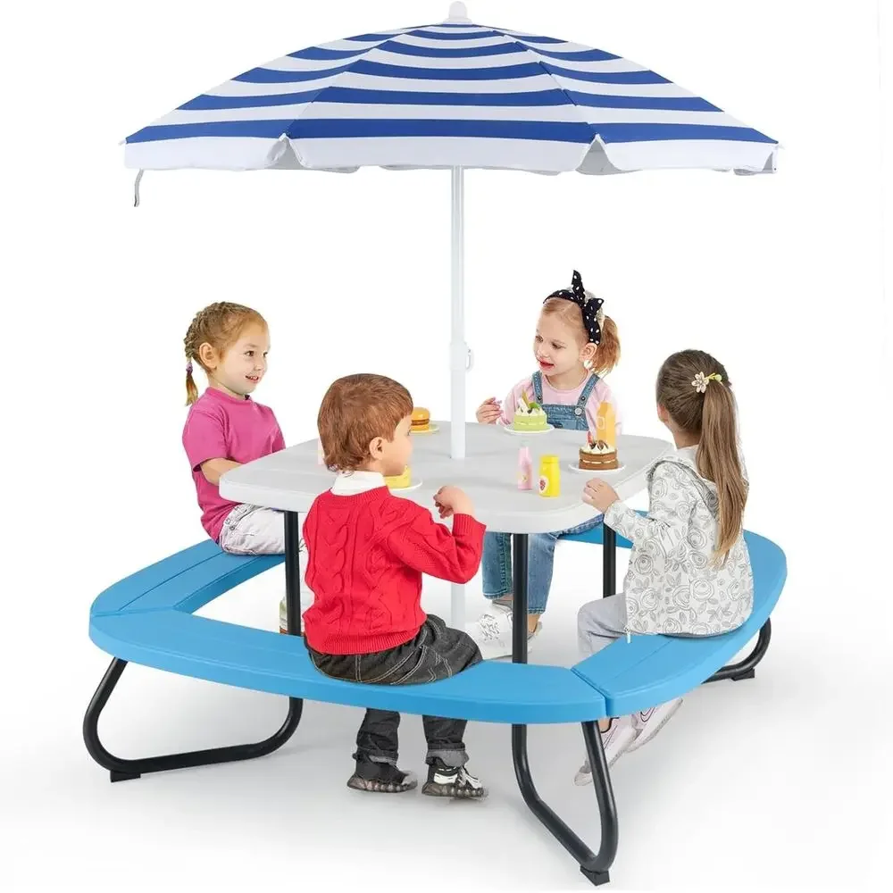 Kids Outdoor Bench - โต๊ะปิกนิกสำหรับเด็ก 8 ที่นั่งพร้อมร่ม, โต๊ะกิจกรรมสำหรับเด็กเล็ก, ม้านั่ง 4