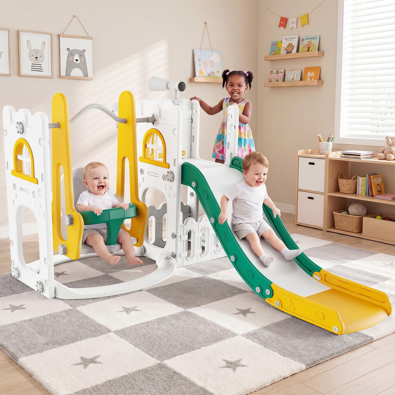 Kids Outdoor Playhouse - ชุดสไลด์และชิงช้า 7 in 1 สำหรับเด็กเล็ก ใช้ได้ทั้งในร่มและกลางแจ้ง