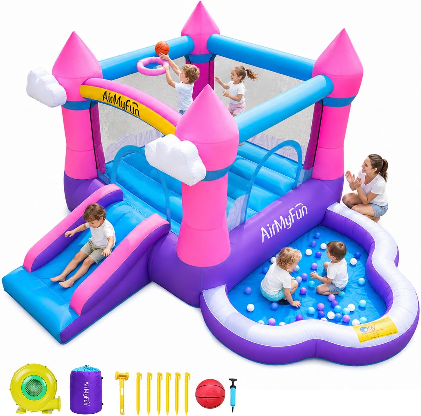Kids Outdoor Water - บ้านลมสีชมพูสำหรับเด็กอายุ 3-8 ปี ใช้ได้ทั้งในร่มและกลางแจ้ง - บ้านลมพร้อมสไลเดอร์,