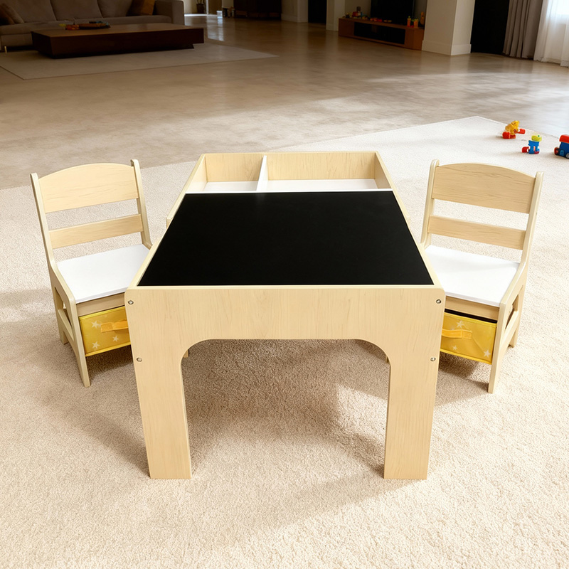 Kids Outdoor Chair And Table - ชุดโต๊ะและเก้าอี้เด็กไม้สไตล์โมเดิร์น พร้อมลิ้นชักเก็บของและกระดานดำ สำหรับใช้ในโรงเรียนและกลางแจ้ง