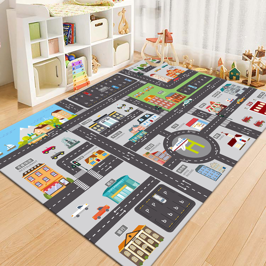 Kids Outdoor Flooring - VIKAMA แผนที่ถนนในเมือง พรมสำหรับเด็กเล่น ลานจอดรถในเมืองการ์ตูน แผ่นรองคลานสำหรับเด็กวัยหัดเดินแบบกันลื่น ซักทำความสะอาดได้