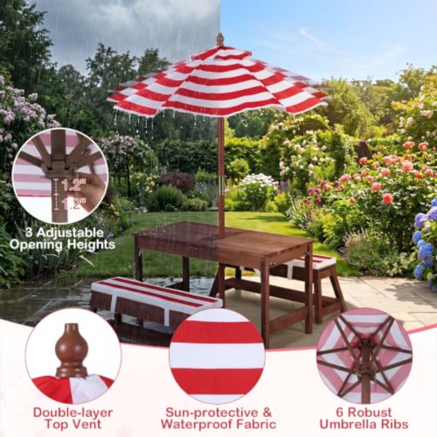 Kids Outdoor Water - โต๊ะปิกนิกสำหรับเด็กสำหรับใช้กลางแจ้งในสวนหลังบ้าน ทำจากไม้ สีธรรมชาติ 4-in-1 อเนกประสงค์ พร้อมร่ม