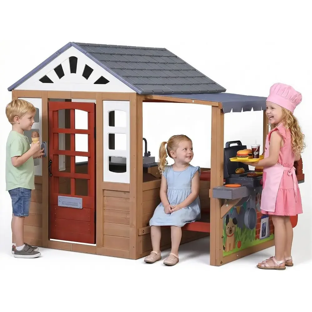 Kids Outdoor Playhouse - บ้านเด็กเล่นกลางแจ้งทำจากไม้, บ้านเด็กเล่นไม้ CeWooden สำหรับเด็กอายุ 3-8 ปี