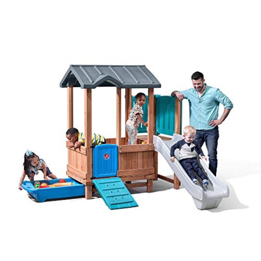 Kids Outdoor Playhouse - บ้านเด็กเล่นและสไลเดอร์ในป่า, ชุดของเล่นกลางแจ้งสำหรับเด็ก, ชุดสนามเด็กเล่นในสวนหลังบ้าน, ชิงช้า, ลิ้นชักเก็บของ, ทำจากไม้และวัสดุทนทาน