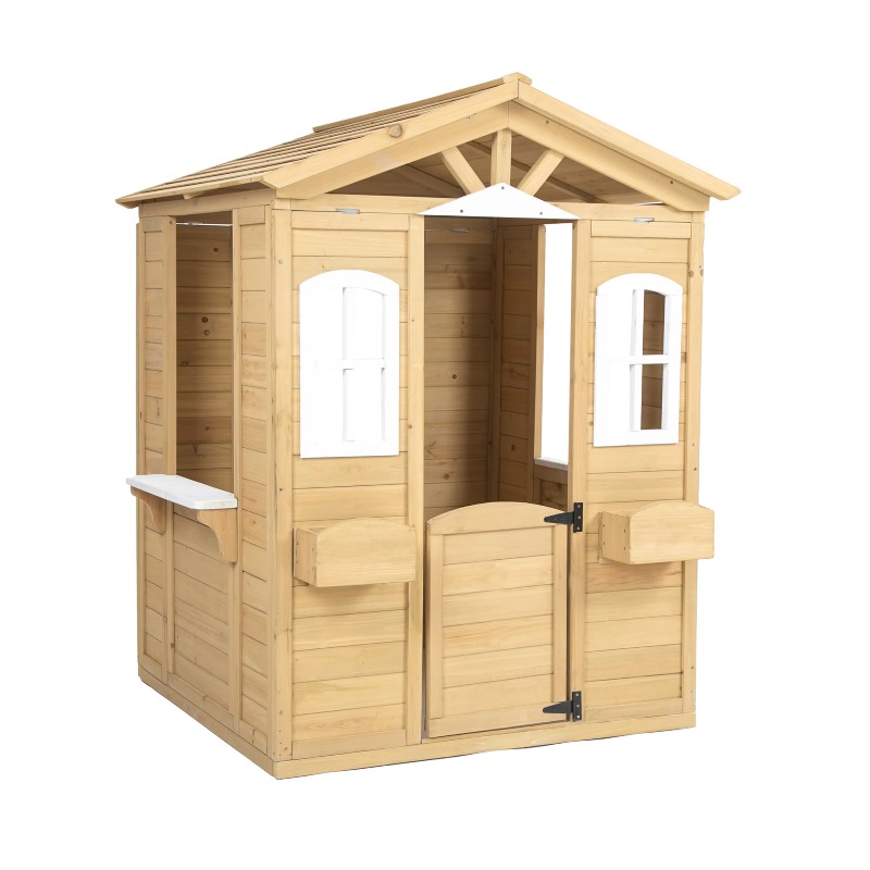 Kids Outdoor Playhouse - บ้านไม้สไตล์โมเดิร์นคลาสสิกสำหรับเด็ก เฟอร์นิเจอร์กลางแจ้งพร้อมประตู หน้าต่าง ตู้จดหมาย และที่วางกระถางดอกไม้