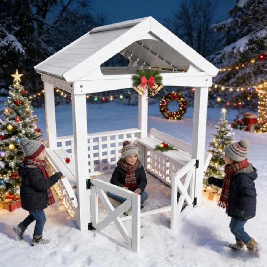 Kids Outdoor Playhouse - บ้านไม้สำหรับเด็กอายุ 2-8 ปี สำหรับใช้งานกลางแจ้ง เคลือบสีขาวกันน้ำ พร้อมม้านั่งและประตูในตัว