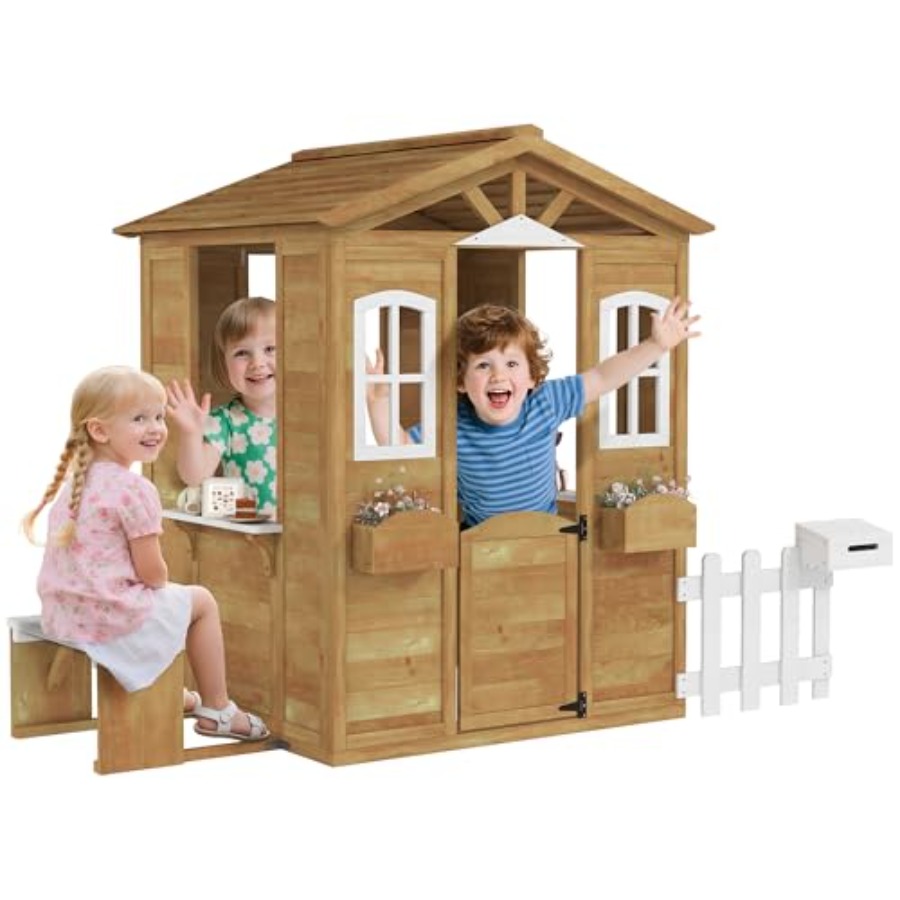 Kids Outdoor Playhouse - บ้านเด็กเล่นกลางแจ้งสำหรับเด็กอายุ 3-6 ปี ทำจากไม้ธรรมชาติ มีประตู หน้าต่าง