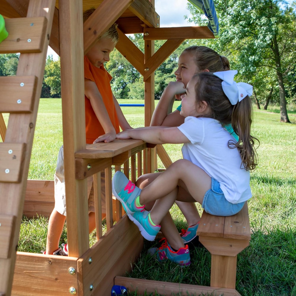 Kids Outdoor Monkey Bar Set - ชุดชิงช้าไม้ซีดาร์สำหรับสนามหลังบ้าน พร้อมสไลเดอร์รูปคลื่น แท่นเล่น บาร์โหน และชิงช้าสนามเด็กเล่นกลางแจ้งสำหรับเด็ก จัดส่งจากสหรัฐอเมริกา